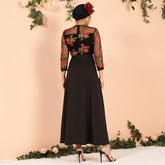 Ladies Embroidery Mesh Color Matching Waist Long-sleeved Arab Dress Banquet Dress Long Black Dress